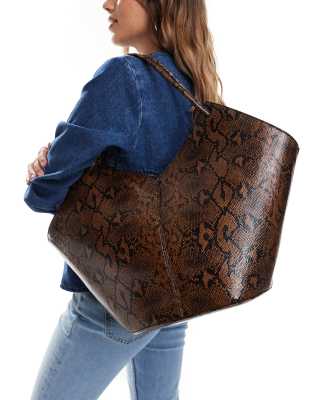 tubular handle tote bag in brown snake