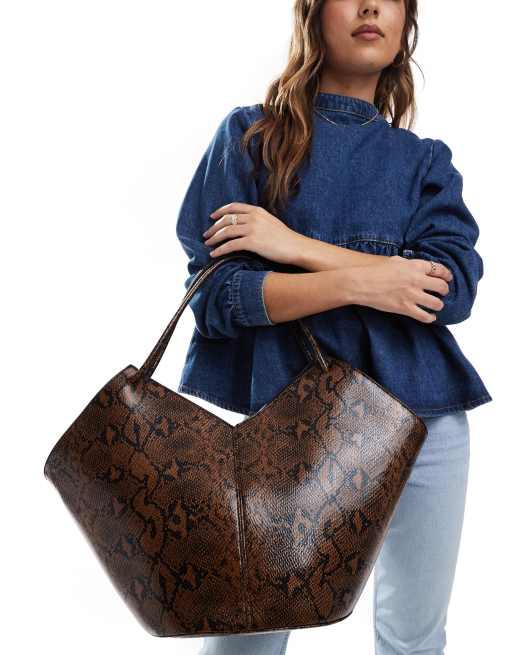 ASOS DESIGN tubular handle tote bag in brown snake | ASOS
