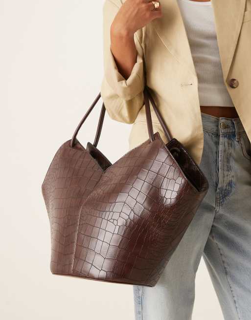 ASOS DESIGN tubular handle vase tote bag in chocolate croc