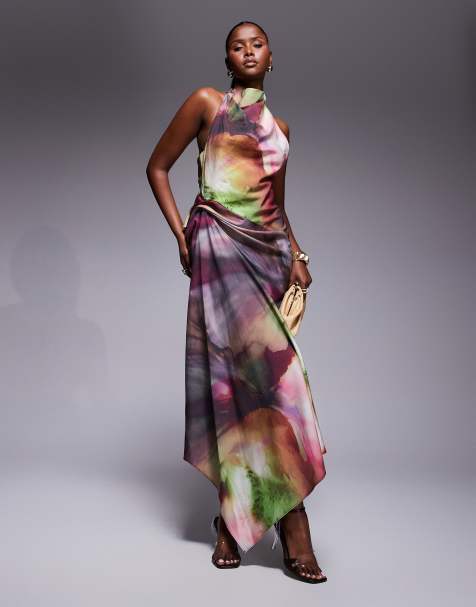 ASOS DESIGN tuck detail halter maxi dress in abstract print - view 1