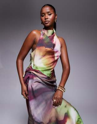 Asos Design Tuck Detail Halter Maxi Dress In Multi