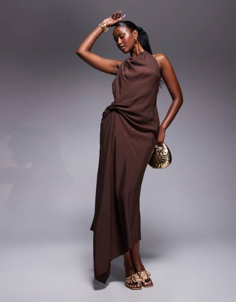 ASOS DESIGN tuck detail halter maxi dress in chocolate - view 1