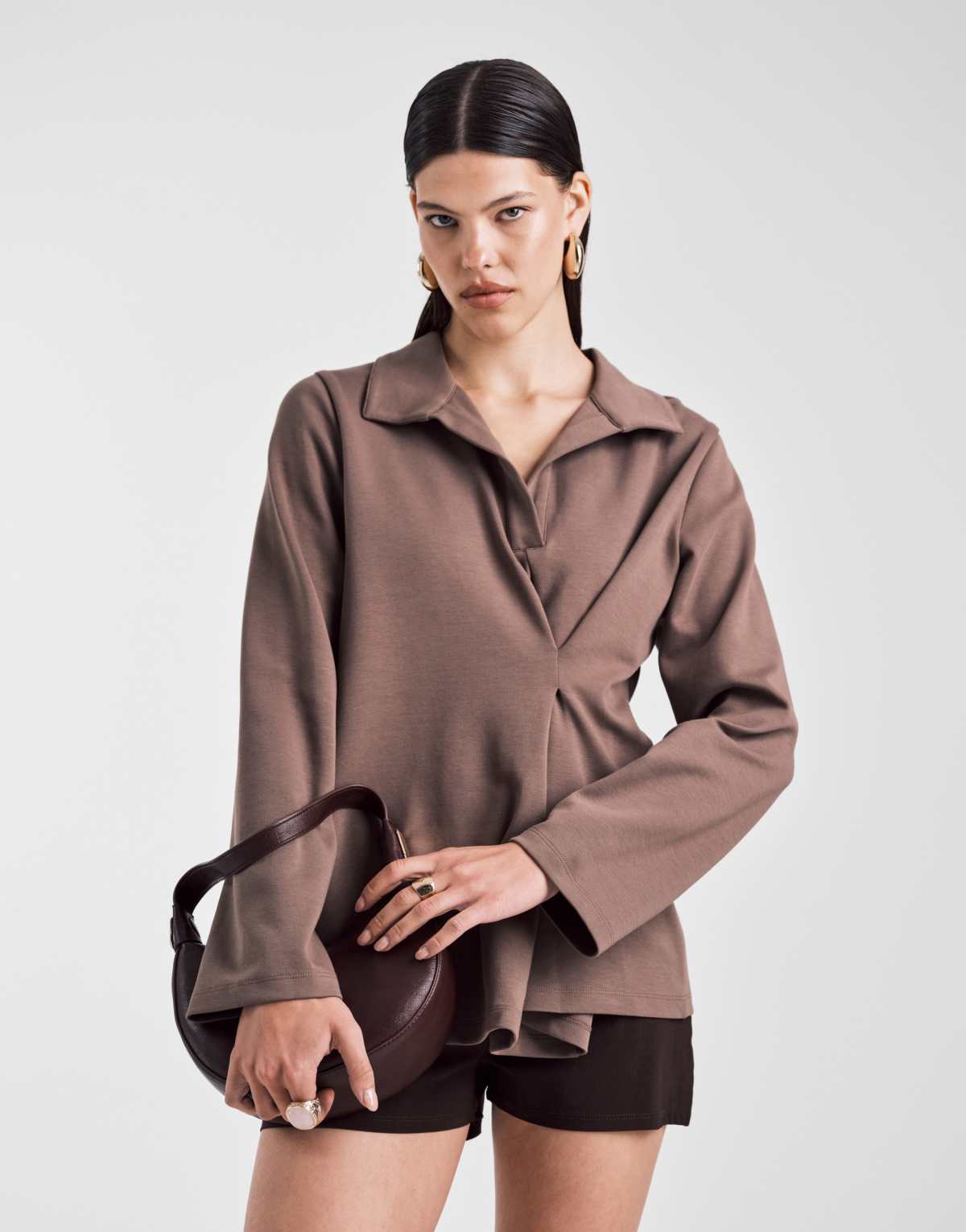 ASOS DESIGN tuck detail heavyweight rugby top in chocolate