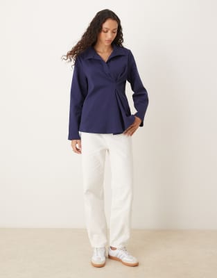 Asos Design Tuck Detail Heavyweight Rugby Top In Blue