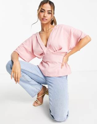 Asos Design Tuck Detail Kimono Smock Top In Dusty Pink