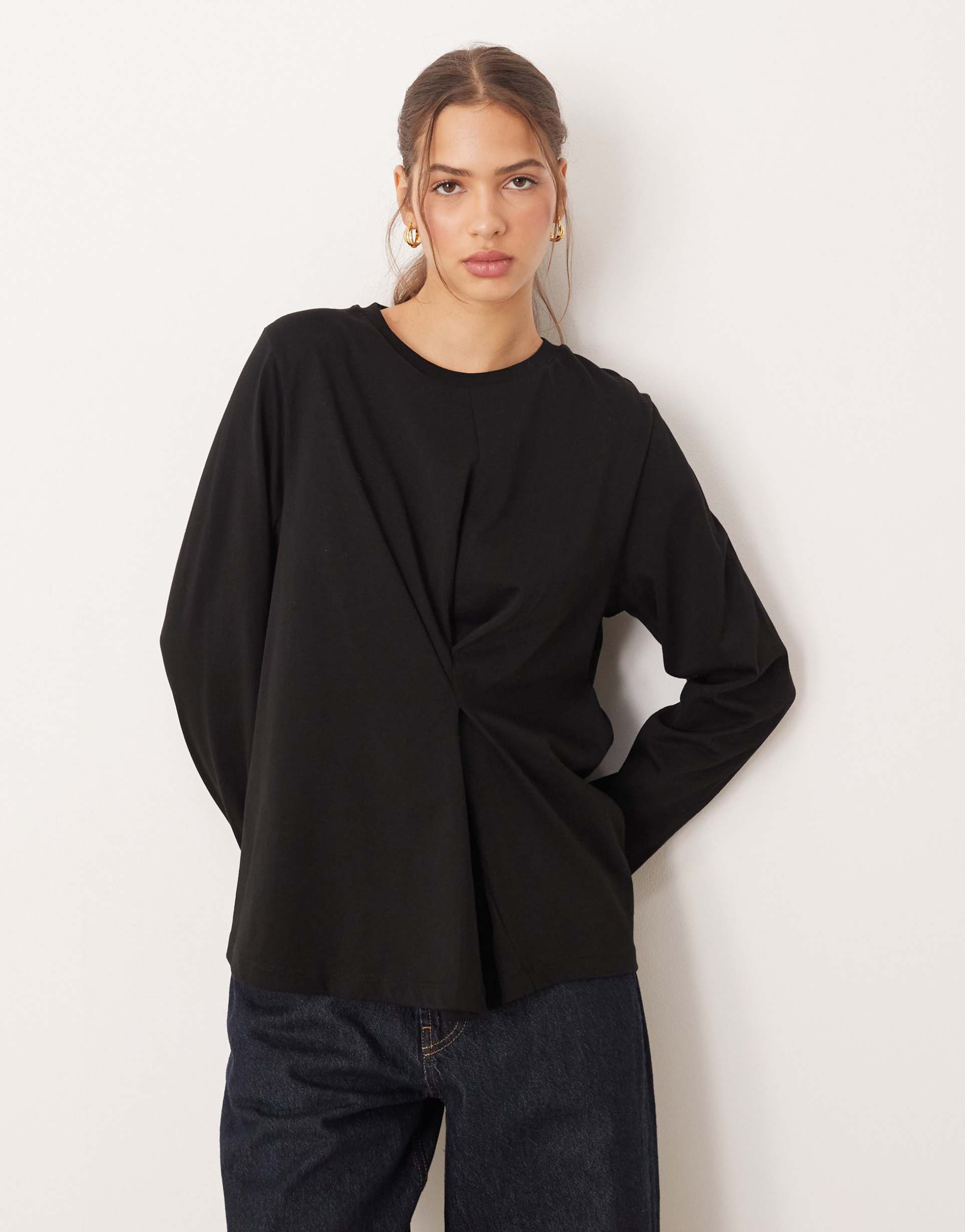 asos design tuck detail long sleeve tee in black