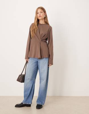 Asos Design Tuck Detail Long Sleeve Tee In Brown