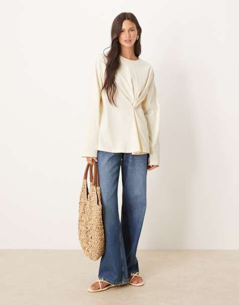 ASOS DESIGN tuck detail long sleeve tee in cream - view 2