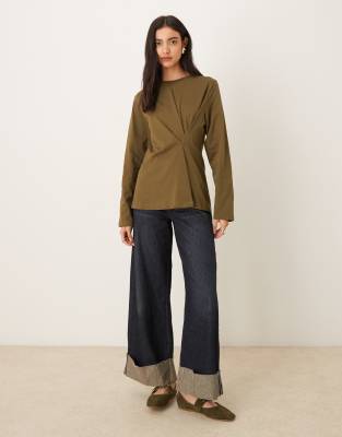 Asos Design Tuck Detail Long Sleeve Tee In Green