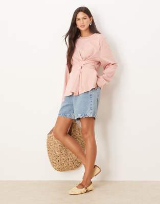 Asos Design Tuck Detail Long Sleeve Tee In Pink