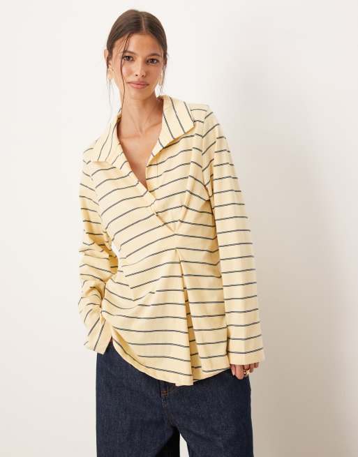 ASOS DESIGN tuck detail rugby top in buttermilk stripes, 2 of 4