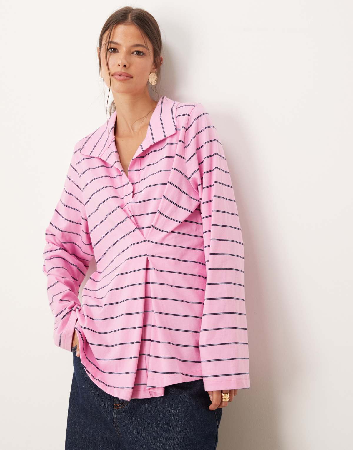 ASOS DESIGN tuck detail rugby top in pink and navy stripe
