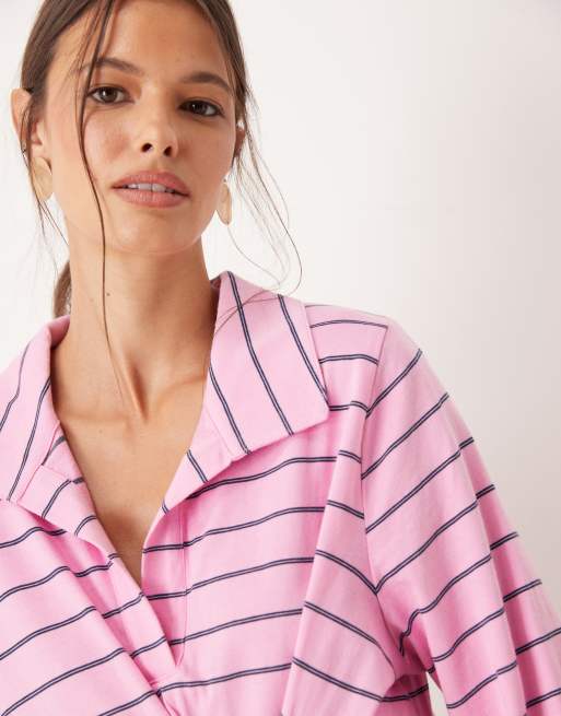 ASOS DESIGN tuck detail rugby top in pink and navy stripe, 4 of 4