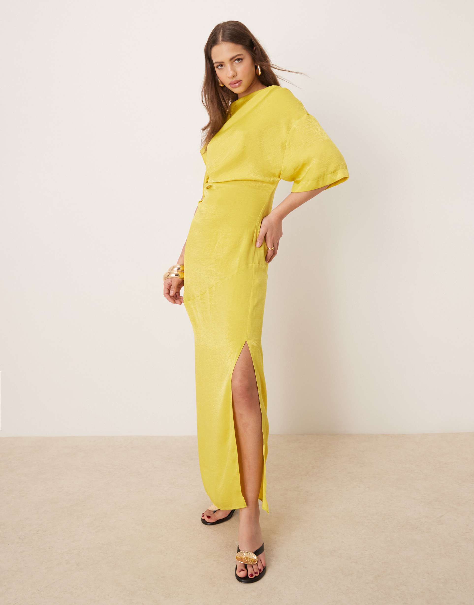 asos design tuck detail t-shirt draped back maxi dress in chartruese