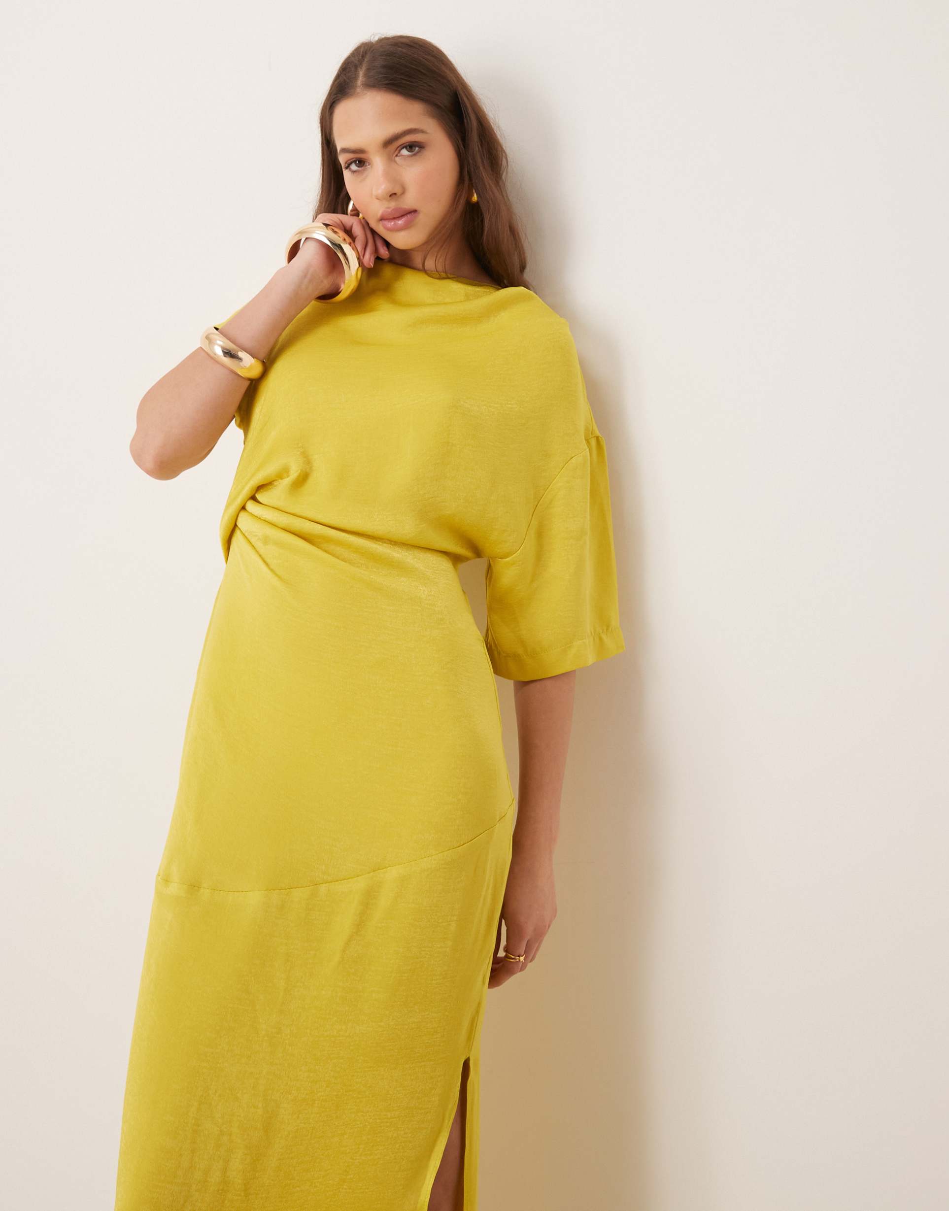 asos design tuck detail t-shirt draped back maxi dress in chartruese