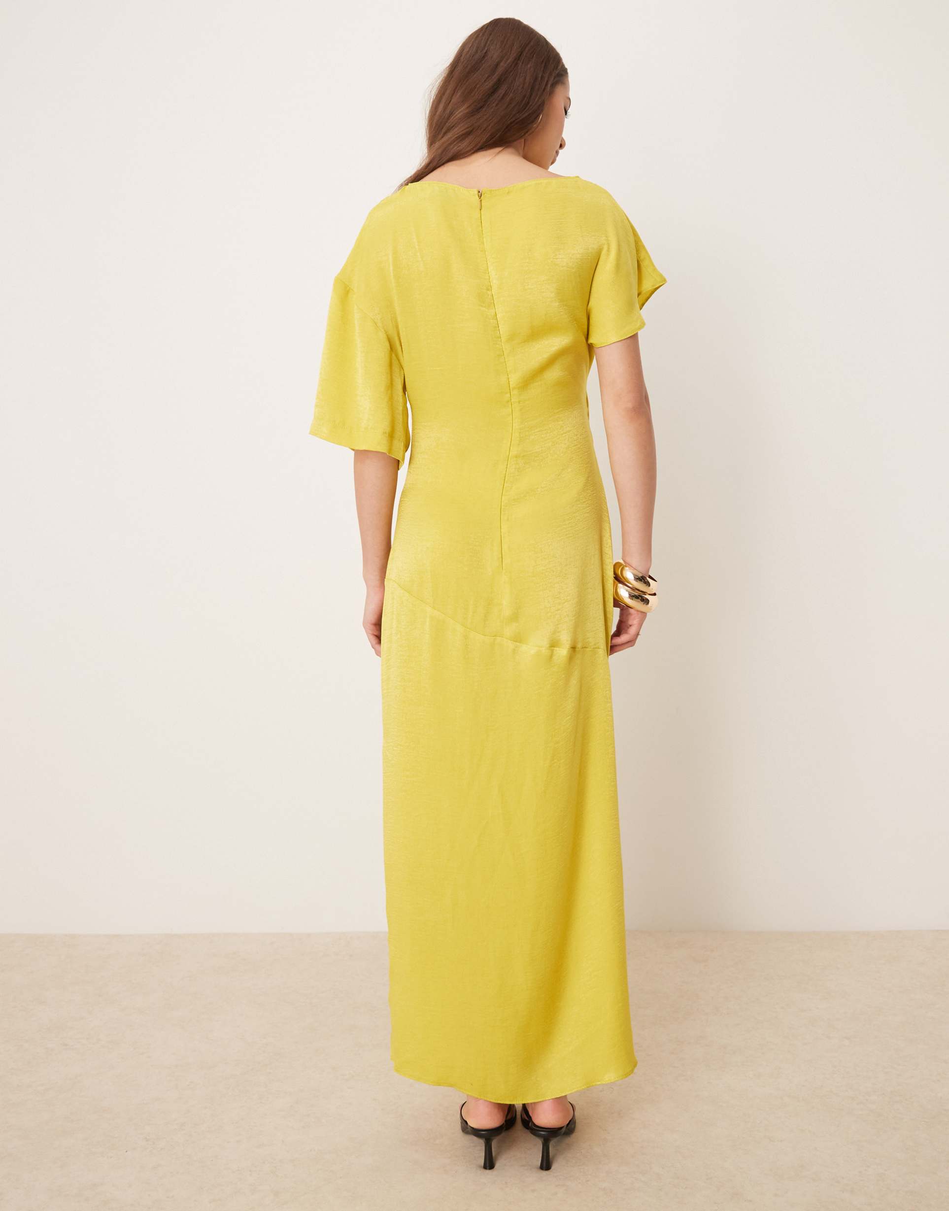 asos design tuck detail t-shirt draped back maxi dress in chartruese