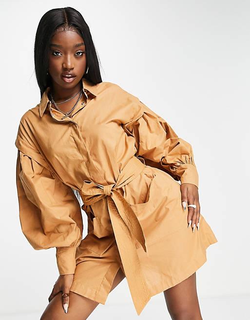  tuck sleeve belted shirt dress in light brown 