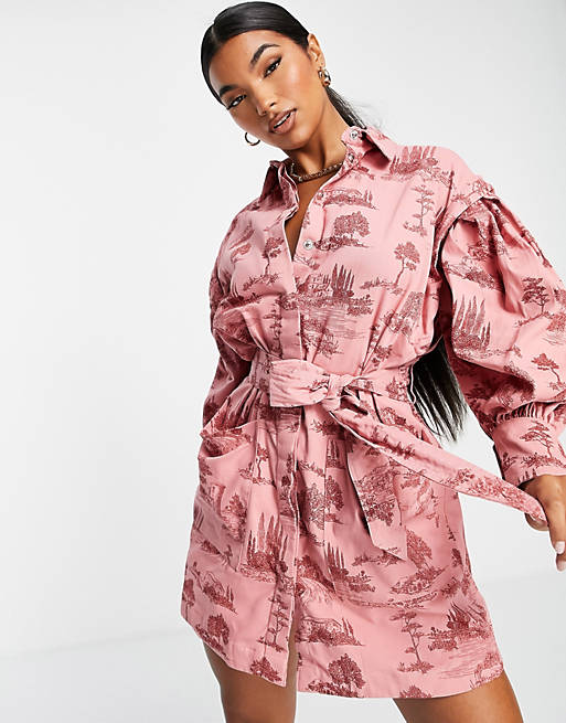  tuck sleeve belted shirt dress in toile de jouy print 