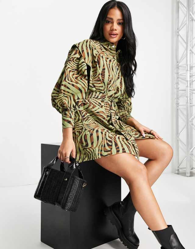 ASOS DESIGN tuck sleeve mini shirt dress in abstract animal print