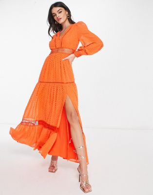 ASOS DESIGN tufted dobby lace insert maxi dress in bright orange