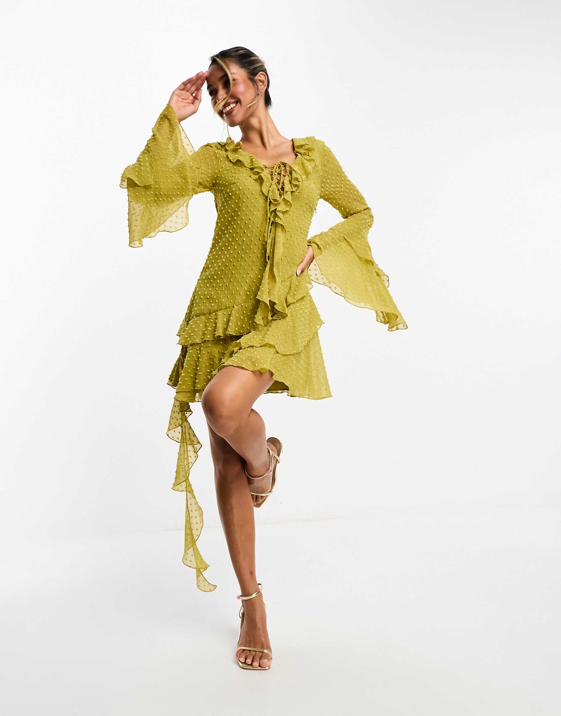 asos design tufted textured chiffon mini dress with ruffles and tie neck detail in olive