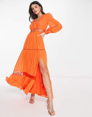 ASOS DESIGN tufted textured lace insert maxi dress in bright orange | ASOS