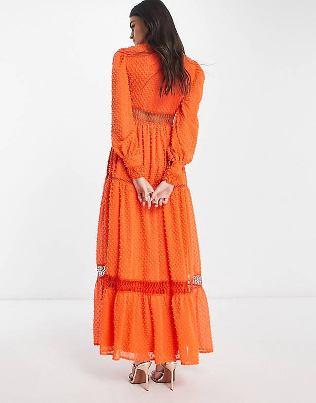 ASOS DESIGN tufted textured lace insert maxi dress in bright orange ZN10316