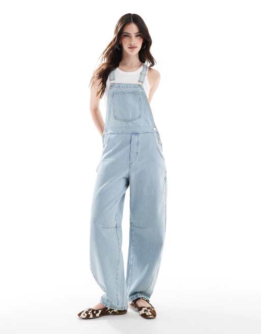 ASOS DESIGN - Tuinbroek met wijde ronde pijpen en distressed detail in lichte wassing
