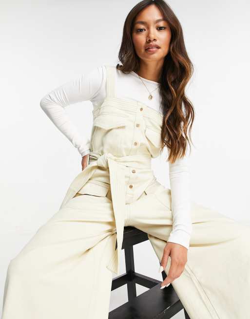 ASOS DESIGN - Tuinbroekjumpsuit met contrasterende stiksels en knoopsluiting aan de voorkant in stone