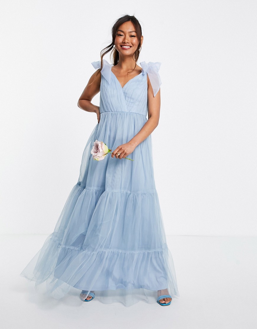 ASOS DESIGN tulle bow tie tiered maxi dress in blue-Blues
