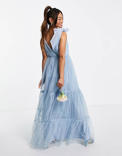 ASOS DESIGN tulle bow tie tiered maxi dress in blue