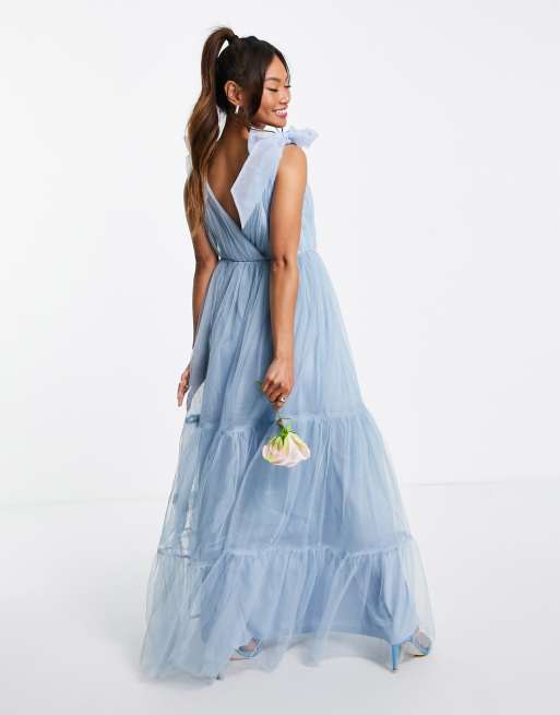 ASOS DESIGN tulle bow tie tiered maxi dress in blue