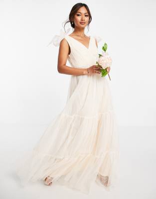 Asos Design Tulle Bow Tie Tiered Maxi Dress In Champagne-neutral