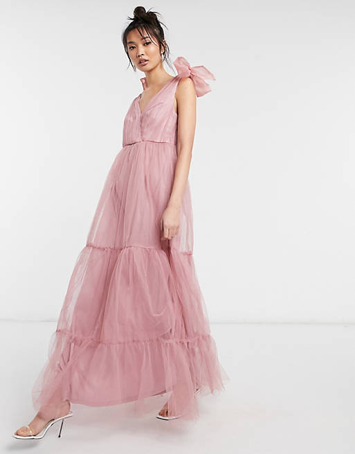 Dresses tulle bow tie tiered maxi dress in rose 