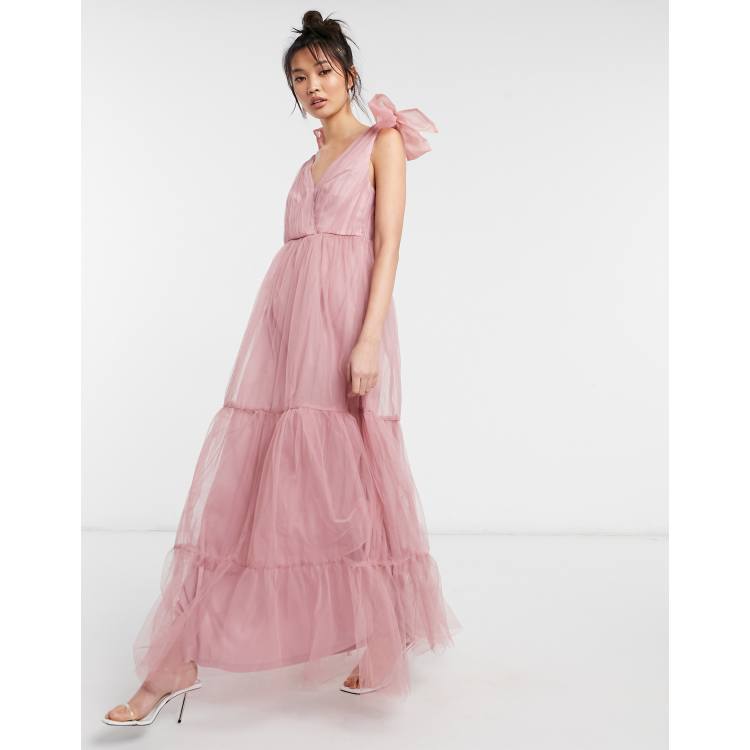 Double Bow Tiered Tulle Skirt rose brown - ロングスカート