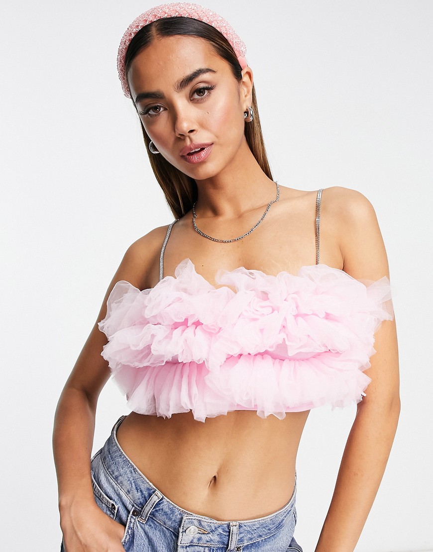 ASOS DESIGN tulle bralet with diamante straps in pink