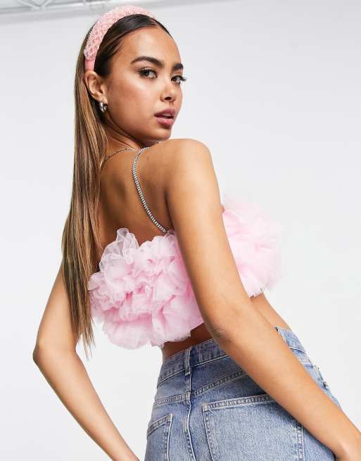 ASOS DESIGN tulle bralet with diamante straps in pink