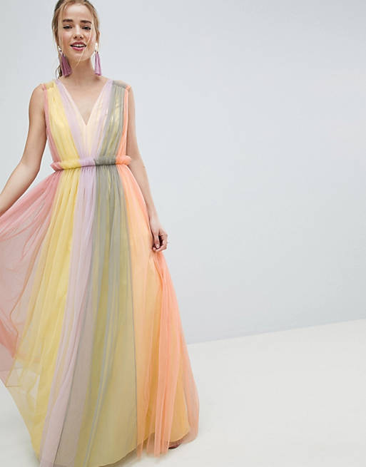ASOS DESIGN Tulle Maxi Dress In Pastel Color Block