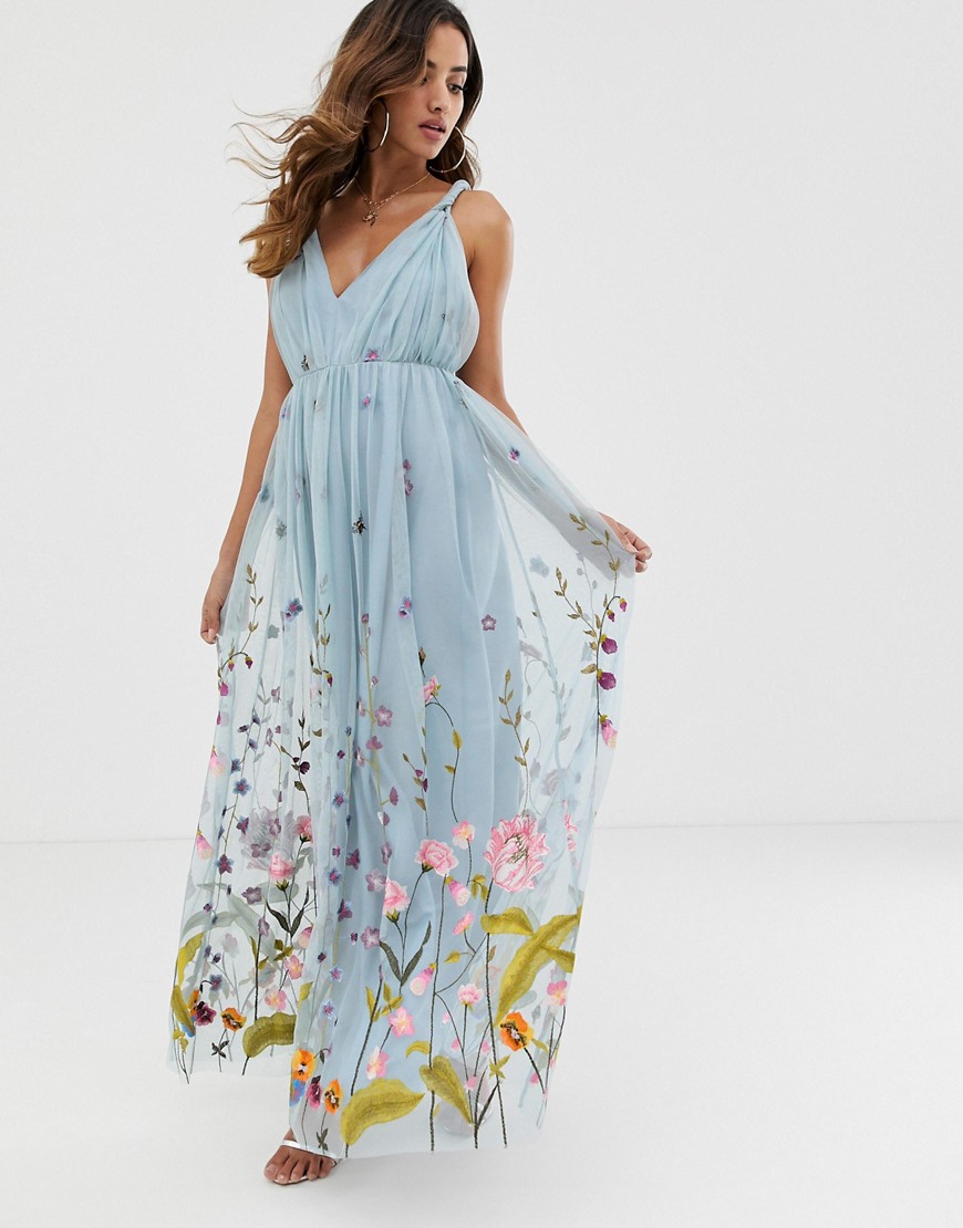 ASOS DESIGN tulle maxi dress with delicate floral embroidery and twist straps-Blue
