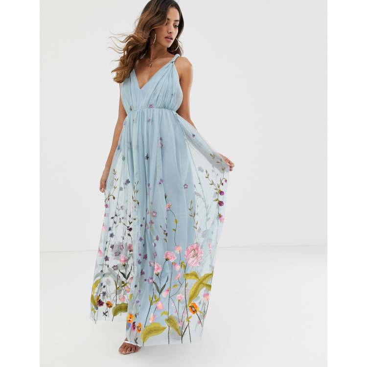 Flocked floral tulle maxi dress