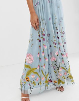 asos design petite tulle maxi dress with delicate floral embroidery and twist straps