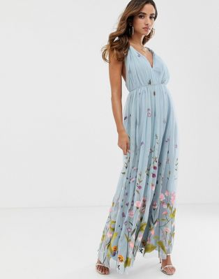 asos design tulle maxi dress with delicate floral embroidery and twist straps