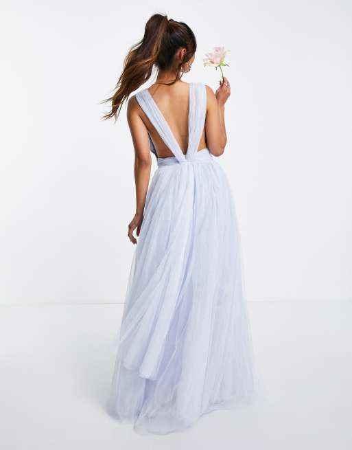 ASOS DESIGN tulle plunge maxi dress dress with bow back detail in powder blue