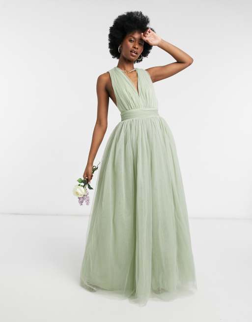 ASOS DESIGN tulle plunge maxi dress dress with bow back detail in sage