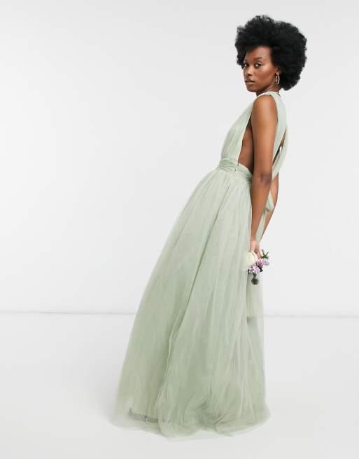 ASOS DESIGN tulle plunge maxi dress dress with bow back detail in sage