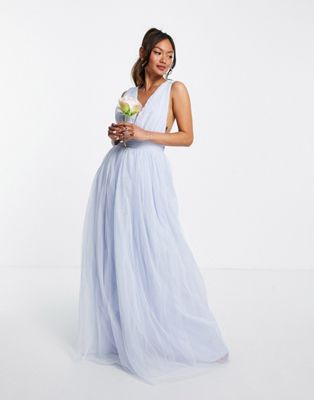 ASOS DESIGN tulle plunge maxi dress with bow back detail in powder blue | ASOS