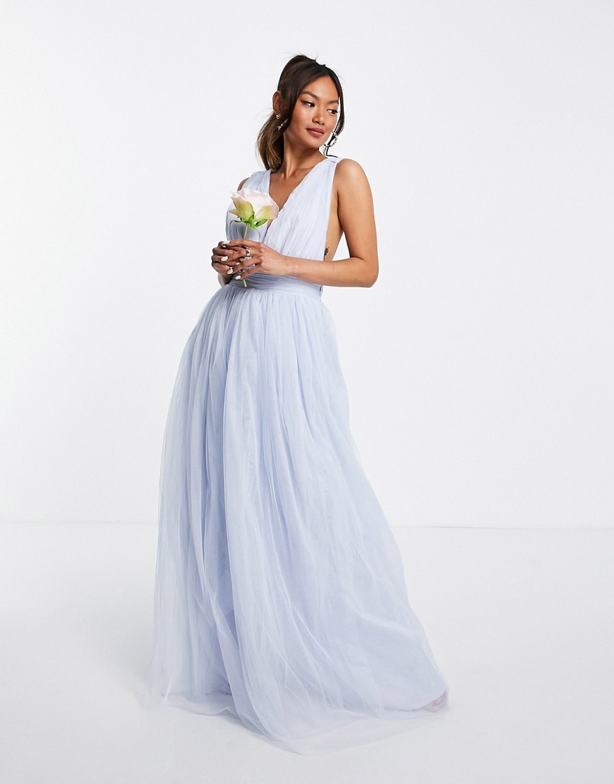 ASOS DESIGN tulle plunge maxi dress with bow back detail in powder blue-Blues