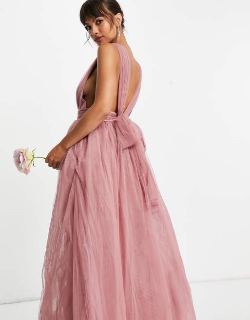 ASOS DESIGN tulle plunge maxi dress with bow back detail in rose