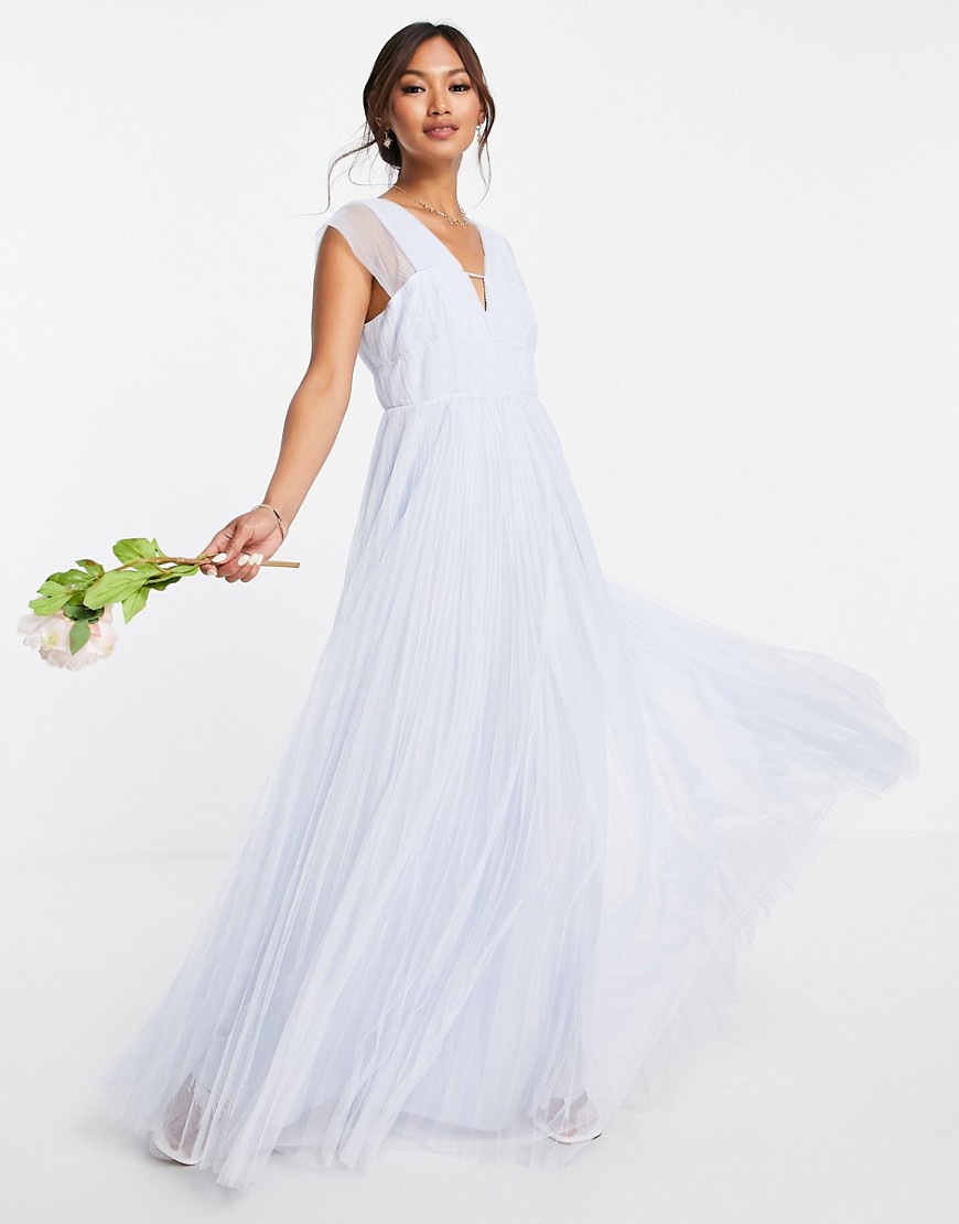 ASOS DESIGN tulle plunge maxi dress with shirred sleeves in powder blue-Blues
