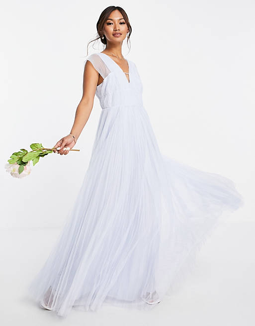Women tulle plunge maxi dress with shirred sleeves in powder blue 